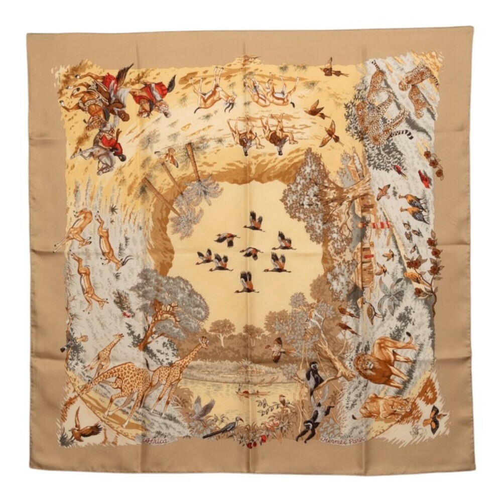 Hermes Carre 90 Africa Scarf/Muffler, Large, Beige, Silk, Women's